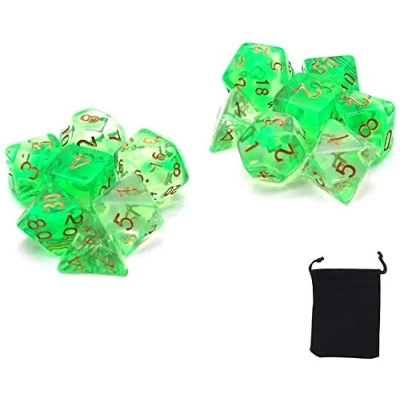 Image of DollaTek Transparent Polyhedral dice Set Table Games 2 Sets x 7 (14 Pieces) Die Series D20 D12 D10 D8 D6 D4 DND RPG MTG Double Colors One Piece (Green)