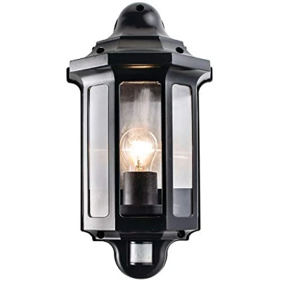 Image of 60W E27 GLS IP44 Rated Outdoor Wall Light Satin Black &amp; Clear PC PIR Half Lantern Outside Traditional Porch Path Motion Sensor Detect Lamp Moisture Resistant External LED Dimmable