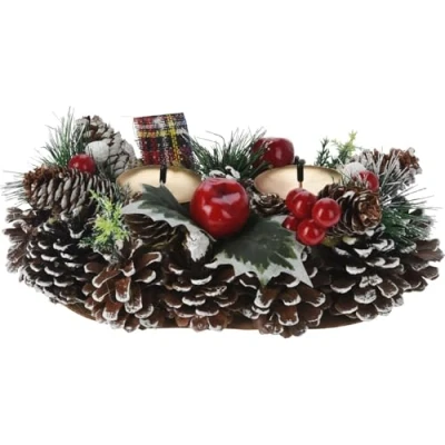 Image of Double Christmas Wreath Candle Holder Berry &amp; Pinecone Table Centrepiece Decoration Festive Advent For Dining 25cm