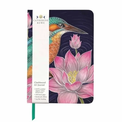 Image of Museums &amp; Galleries A5 Clothbound Journal Lined Notebook Kingfisher Bird and Flowers Artistic Design by Catherine Rowe 240 Pages Bookmark Ribbon