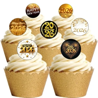 Image of 48 New Year Celebration Party 2025 themed Edible Wafer Paper Round Cake Toppers Decorations