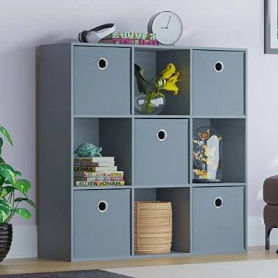 Image of Vida Designs Durham Cube Bookcase Storage Organiser Living Room Bookshelf Home Office Furniture (9 &amp; 5 Grey Baskets, Grey)