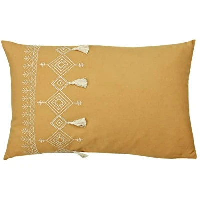 Image of furn. Pritta Cotton Embroidered Tasselled Feather Filled Cushion Mustard One Size