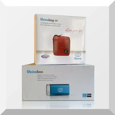 Image of the Lifeina Kit for Traveling with Growth Hormones. Transport your medication on planes, trains, and cars. Includes LifeinaBox portable insulin fridge LifeinaBag24 isothermal bag.