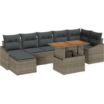 Image of vidaXL 8 Piece Garden Dining Set with Cushions Grey Poly Rattan Acacia