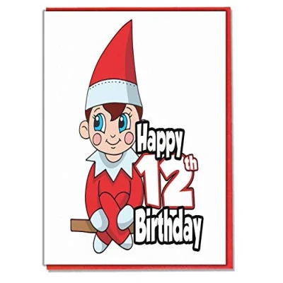 Image of AK Giftshop Red Elf 12th Birthday Card Girls Boys Son Grandson Daughter Grandaughter Friend