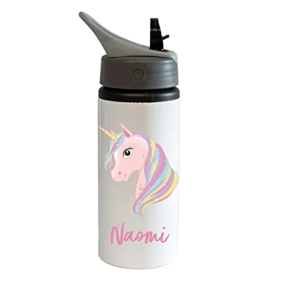 Image of Printaname Unicorn Personalised Kids Drinks Sports Childrens Water Bottle 600ml Aluminium Hot Cold Flip up Lid, White