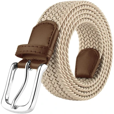 Image of 989Zé ENZO Mens Stretch Belts Ladies Elasticated Woven Adjustable Braided Metal Buckle Belt (Beige, L)