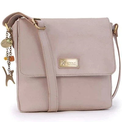 Image of Catwalk Collection Handbags Distressed Leather Cross Body Bag For Women Medium Messenger A5 Size Organiser Work SABINE M Latte