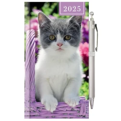 Image of 2025 Hardcover Diary &amp; Pen Set Slim Wallet Week to View Planner Cute Kitten Design