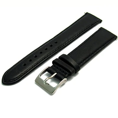 Image of Soft Genuine Leather Watch Strap Band 16mm, Black, Chrome (Silver Colour) Buckle
