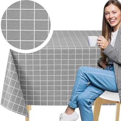 Image of KP HOME Wipe Clean Tablecloth Rectangular 78.7&quot;x 53.9&quot; (200x137cm) Plastic Table Cloth Clean, Rectangle Outdoor PVC Oil Cover Waterproof Wipeable Vinyl Modern Grey Grid