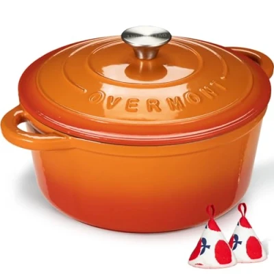 Image of Overmont 4.2L Enamelled Cast Iron Round Casserole Pot With Lid Cookbook &amp; Cotton Potholders Non stick Dutch Oven Cookware for Braising, Stews, Roasting, Bread Baking Orange, 24cm