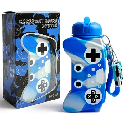 Image of CARESWAY Kids Water Bottle with Keyring 600 ml Girls and Boys Game Drinking for School Leakproof Reusable BPA Free Children Drinks (Blue)