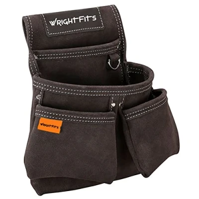 Image of WrightFits Leather Double Nail Pocket Work Pouch Tool Holder Organiser for Builders, Carpenters, Gardeners, Electricians Brown WW180116