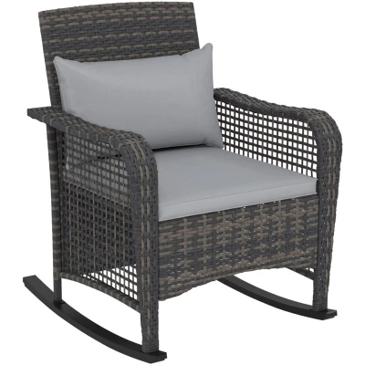 Image of Outsunny Garden Rocking Chair, Outdoor Rattan Rocker Lounge Chair with Seat and Back Cushions, Patio Armchair All weather Wicker, Steel Frame for Porch Balcony, Light Grey