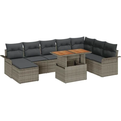 Image of vidaXL 9 Piece Garden Dining Set with Cushions Grey Poly Rattan Acacia