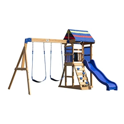 Image of Backyard Discovery Bay Pointe Swing Set Outdoor Playground For Kids, Garden Play Equipment Children, Wooden Climbing Frame, Slide &amp; 2 Swings, Fun Accessories, Cedar Wood 3 6 Year Olds