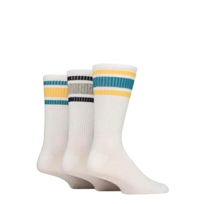 Image of Mens 3 Pair SOCKSHOP Wildfeet Cotton Rich Sports Socks White Teal / Yellow Stripes 7 11