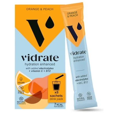Image of Electrolytes Powder Hydration Sachets Packed with Vitamins Zero Sugar Rehydration Sachet, No Artificial Sweeteners &amp; Preservatives by ViDrate Orange Peach Small Pack, 8