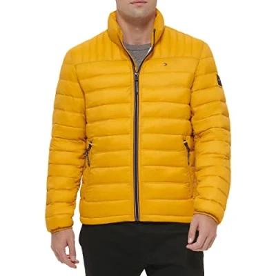 Image of Tommy Hilfiger Men&#039;s Lightweight Down Alternative Packable Puffer Jacket Coat, Yellow Gold, M