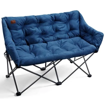 Image of EVER ADVANCED Camping Chair Double for Adults 6cm Padded 320kg Folding 2 Seater Sofa with Side Pocket Dining Garden Outdoor Heavy Duty Luxury Fishing Portable Oversized Blue