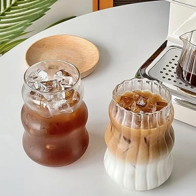 Image of 2 Pcs Ribbed Glass Cups 18 Oz Vintage Drinking Glassware Ripple Cocktail Glasses for Iced Coffee Juice Beverage Milk