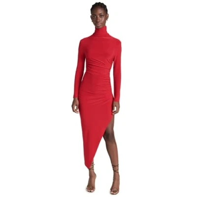 Image of Norma Kamali Women&#039;s Long Sleeve Turtle Neck Side Drape Gown Dress, Tiger Red, XS