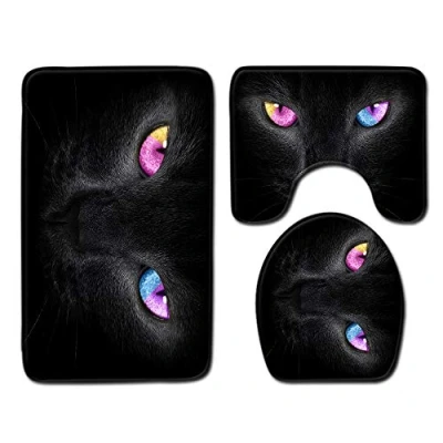 Image of Shinewe 3 Pieces Bathroom Rug Set Pedestal Mat Non Slip Bath Toilet Lid Cover (Black Cat)