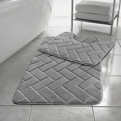 Image of HomeSpace Direct Blocks Non Slip Memory Foam Bath Mat/Toilet Mat Set Silver
