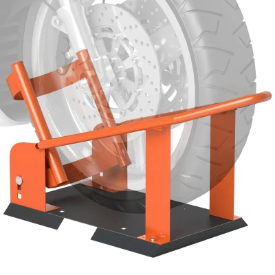 Image of HOMCOM Motorcycle Wheel Chock, 816.5 kg Capacity Heavy Duty Steel Front Chock Holder with 3 Height Adjustable Holes, Fits 381 533.4 mm Wheels, Orange