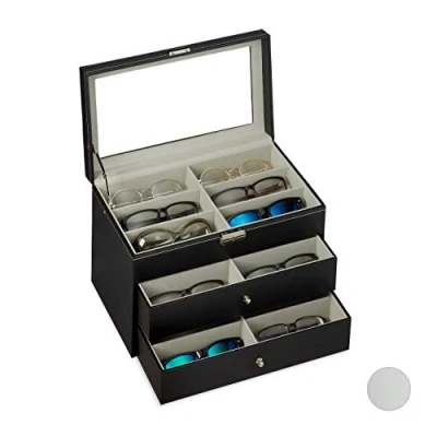 Image of Relaxdays Box for 18 Glasses, Sunglasses Storage Case, Faux Leather Crate, PU, Velvet, Black, 1 Piece