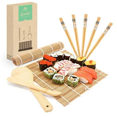 Image of MUDEELA Bamboo Sushi Rolling Mat, Making Kit 9 Pcs, Beginner Includes 2 Mats, 5 Pairs Chopsticks, Paddle, Spreader, Beginner&#039;s Guide (PDF), Roll On, Maker