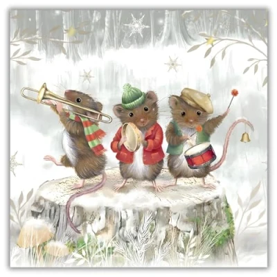 Image of Macmillan Charity Christmas Cards Pack of 8 Musical Mice Festive Artistic Design Eco Friendly Made in the UK