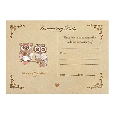 Image of Artstore Vintage Owls 40th Wedding Anniversary Invitations With Brown Kraft Envelopes Pack of 20