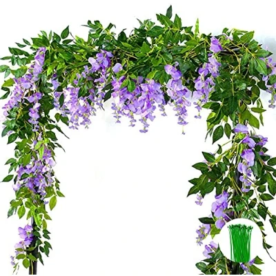 Image of ZEACCT 2x7FT Artificial Wisteria Wreath Flower Silk Ivy Hanging Plant Wall Decoration Art Celebration Ceremony Home Wedding Garden (White)