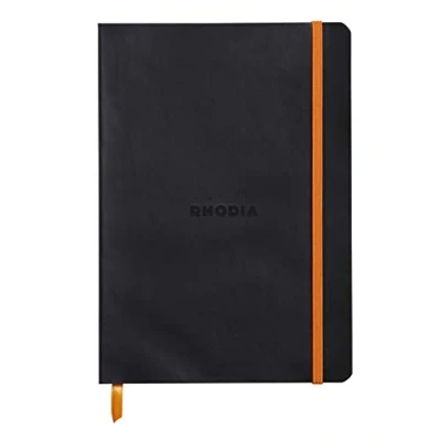 Image of RHODIA 117452C Black Flexible Notebook A5 Dotted Dot 160 pages Ivory Clairefontaine Paper 90 g/m Bookmark, Elastic Closure Faux Leather Cover Rhodiarama Collection