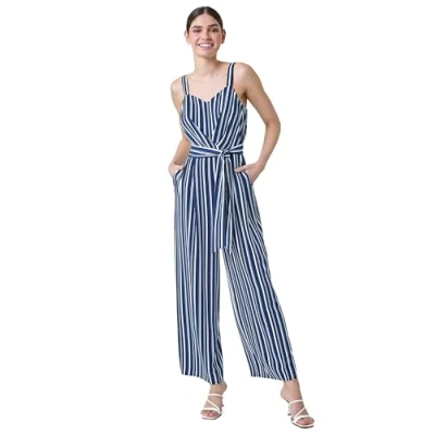 Image of Roman Stripe Print Pocket Jumpsuit for Women UK Ladies Spring Everyday Summer Holiday V Neckline Comfy Sleeveless Soft Full Length Wide Leg Vacation Playsuits Navy Size 20