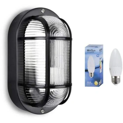 Image of MiniSun Modern Black Outdoor Garden Security Bulkhead Wall Light IP44 Rated Complete with 1 x 4w LED Bulb