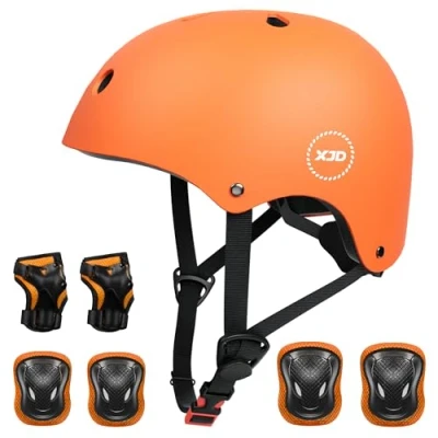 Image of XJD Kids Skateboard Helmet Protective Gear Set Knee Pads Elbow Wrist Guards and Adjustable Bike Helmets for BMX Scooter Cycling Roller Skating Age 2 13 years old Boys Girls (orange, M)