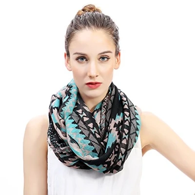 Image of Ethnic Aztec Tribal Geometric Print Women&#039;s Infinity Scarf Snood Lightweight (Neon Blue, Beige, Black)