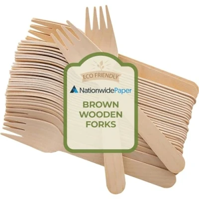 Image of Nationwide Paper Pack of 100 Disposable Wooden Forks Ideal for Wedding, Picnic, Party, Office Eco Friendly
