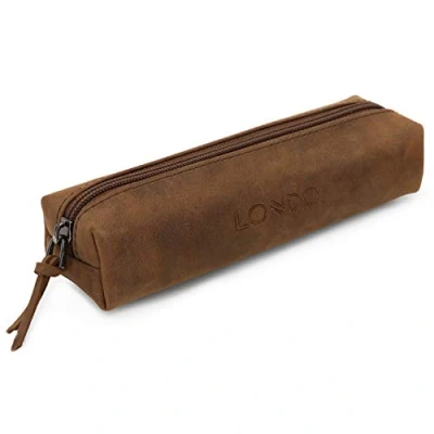 Image of LONDO Genuine Leather Zipper Pen, Pencil &amp; Cosmetic Case Pouch Stationery Bag