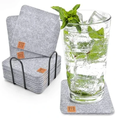 Image of Miqio® Design Felt Glass Coasters, Square, Set of 12 + Holder, Sustainable Oekotex Coasters for Drinks, Candles, Cups, Bar, Glasses, Table Decoration, Light Grey