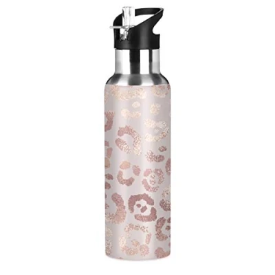 Image of JUMBEAR Fashion Rose Gold Leopard Animal Print Water Bottle Acuum Insulated Stainless Steel Leakproof Wide Mouth Kettle with Straw Lid for Fitness Gym Outdoor Sports