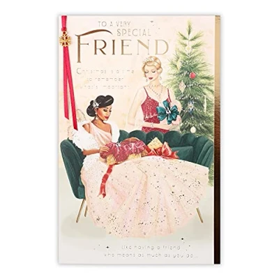 Image of Clintons: Christmas Card Roaring 20&#039;S Lady and Friend Exchanging Presents, for Friend, Multi colour, 1181080