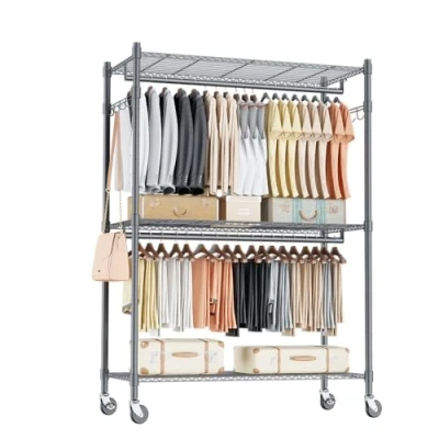 Image of Double Rod Garment Rack/3 tier Clothes Rail with Height Adjustable Shelves, Heavy Duty Rack 2 Hooks, Rails Wheels, 90 * 42 205cm, Grey