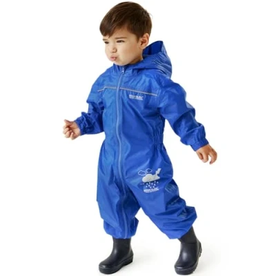 Image of Regatta kids Puddle IV suit all in one waterproof For Breathable and rain proof hooded outdoor warm Puddlesuit reflective trim taped Seams playsuit Boys Girls