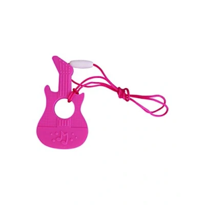 Image of Music Guitar Silicone Teether Soother Teething Sensory Chewy Chewelry BPA Free with Chord and Breakaway Clasp, 7 Colours (Pink)