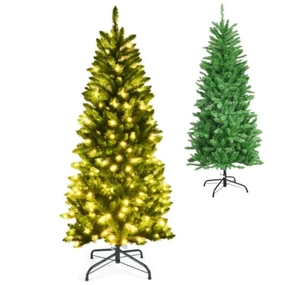 Image of GYMAX 4.5FT/5FT/6FT/6.5FT/7.5FT Pre Lit Green Christmas Tree, Premium Hinged Artificial Pencil Tree with Warm White LED Lights, Xmas Traditional Decoration for Home, Office, School and Shop(5FT)